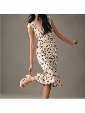 Anthropologie White Cherry-Print Cap-Sleeve Midi Dress